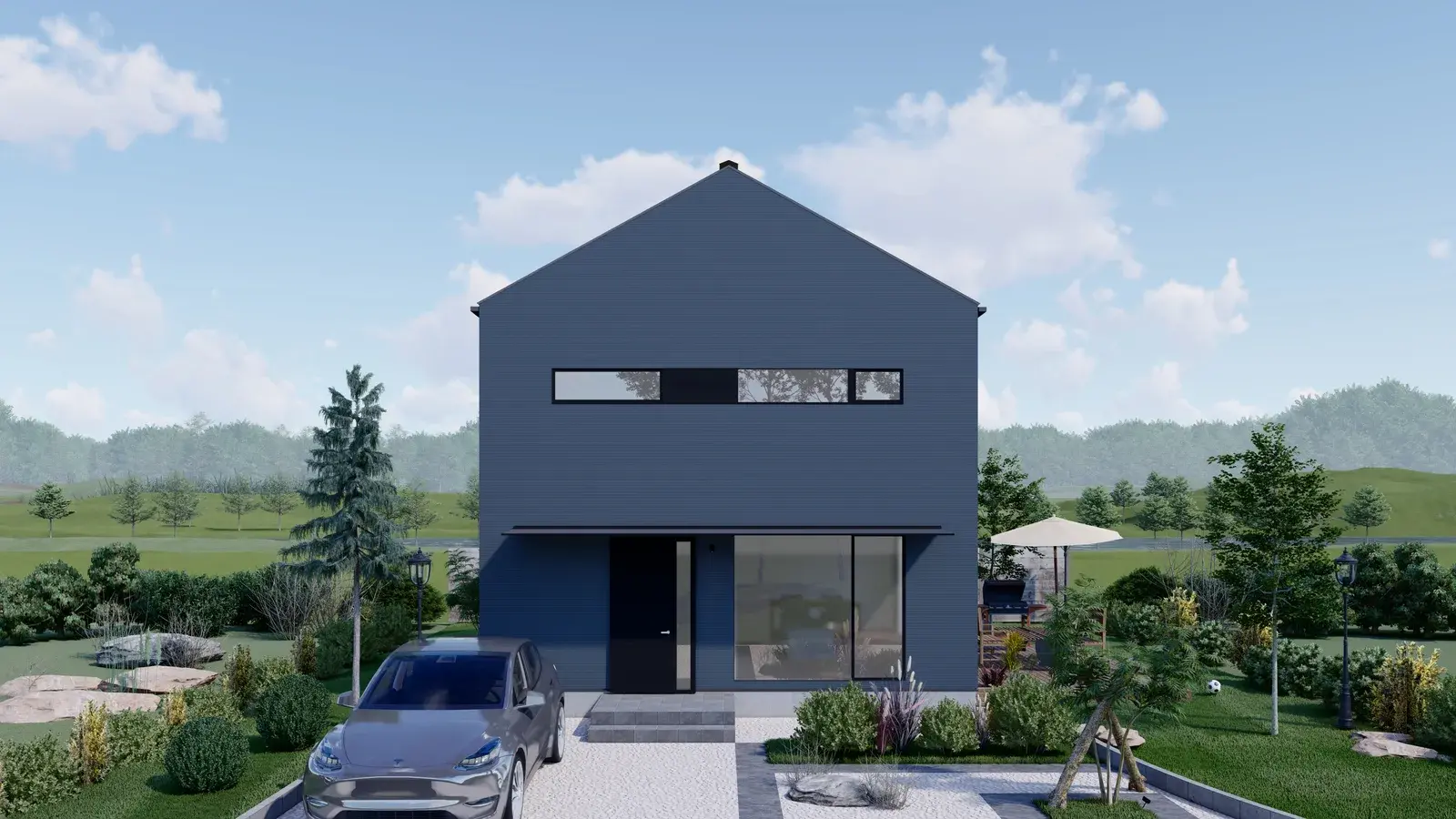 紺色の切妻の2階建てと車のある外観（CGパース）