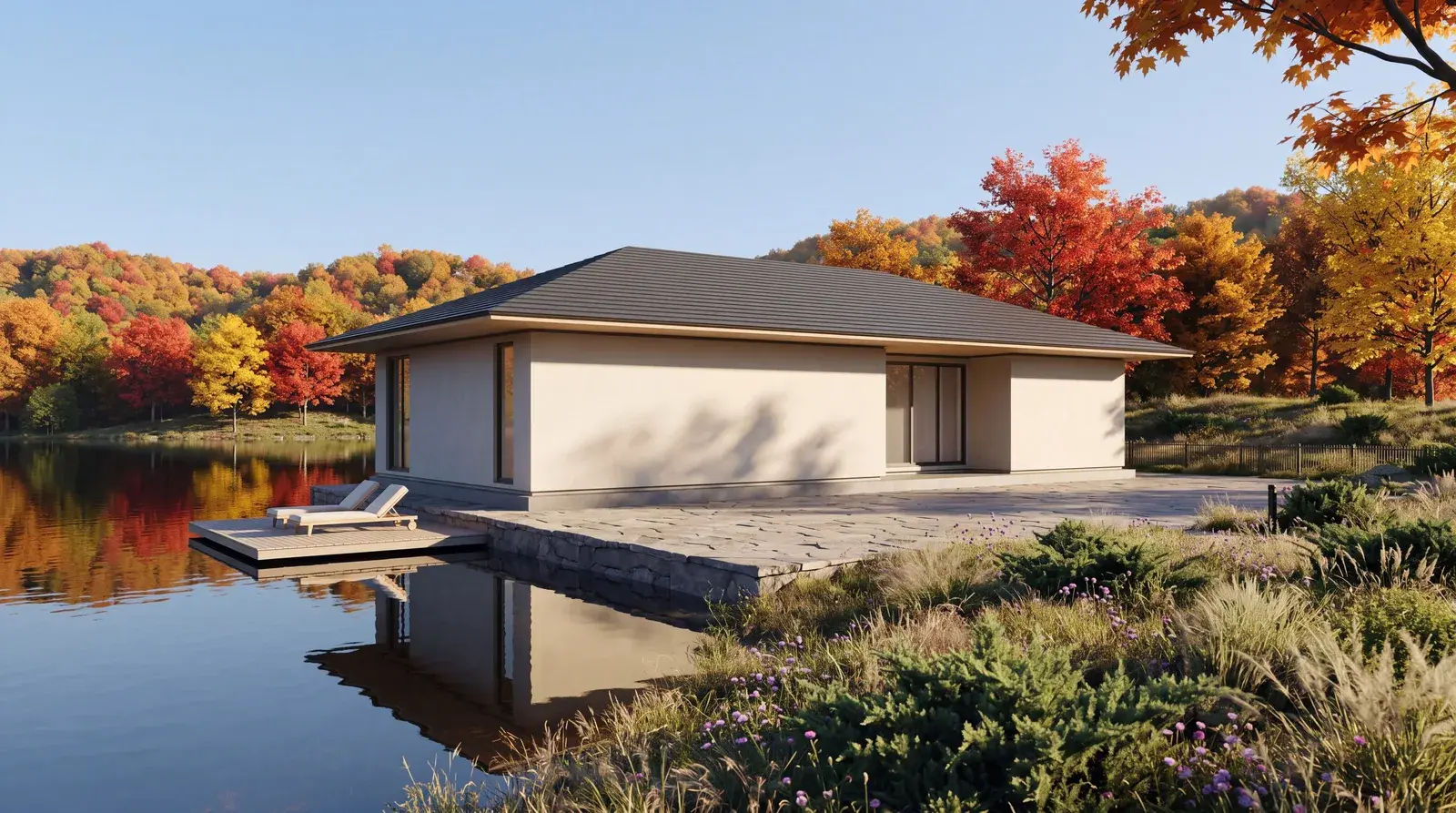 紅葉の湖畔に建つ寄棟の平屋の外観（CGパース）