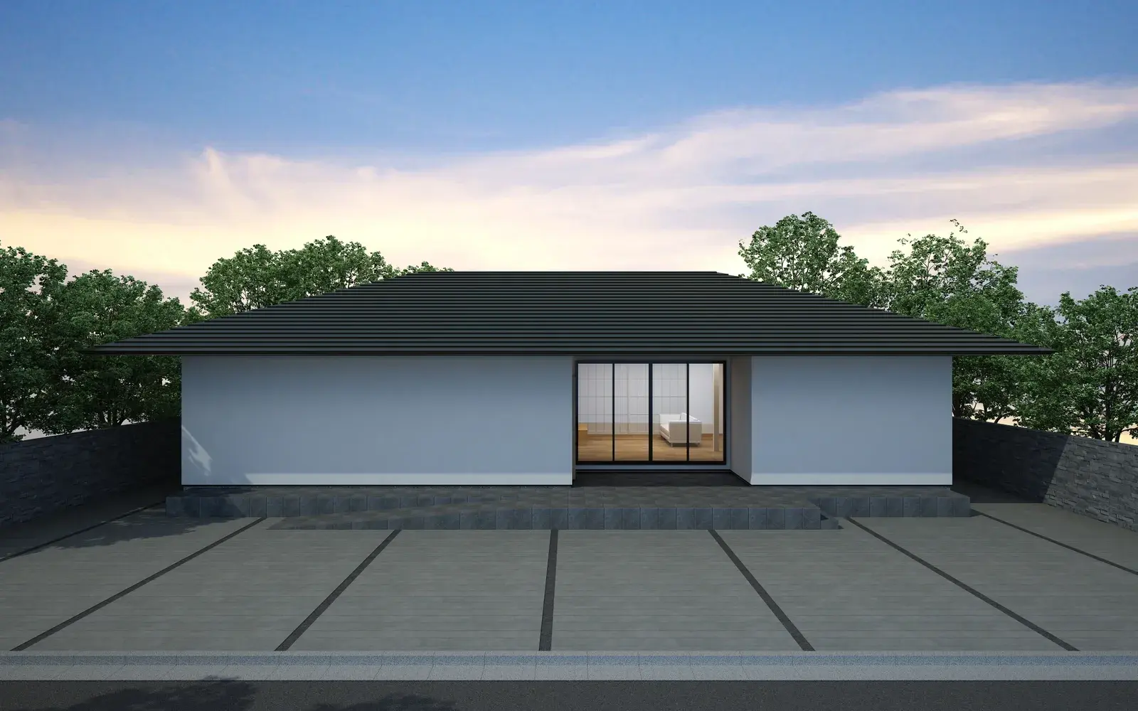 夕暮れの空の下に建つ寄棟の平屋と駐車スペースの外観（CGパース）
