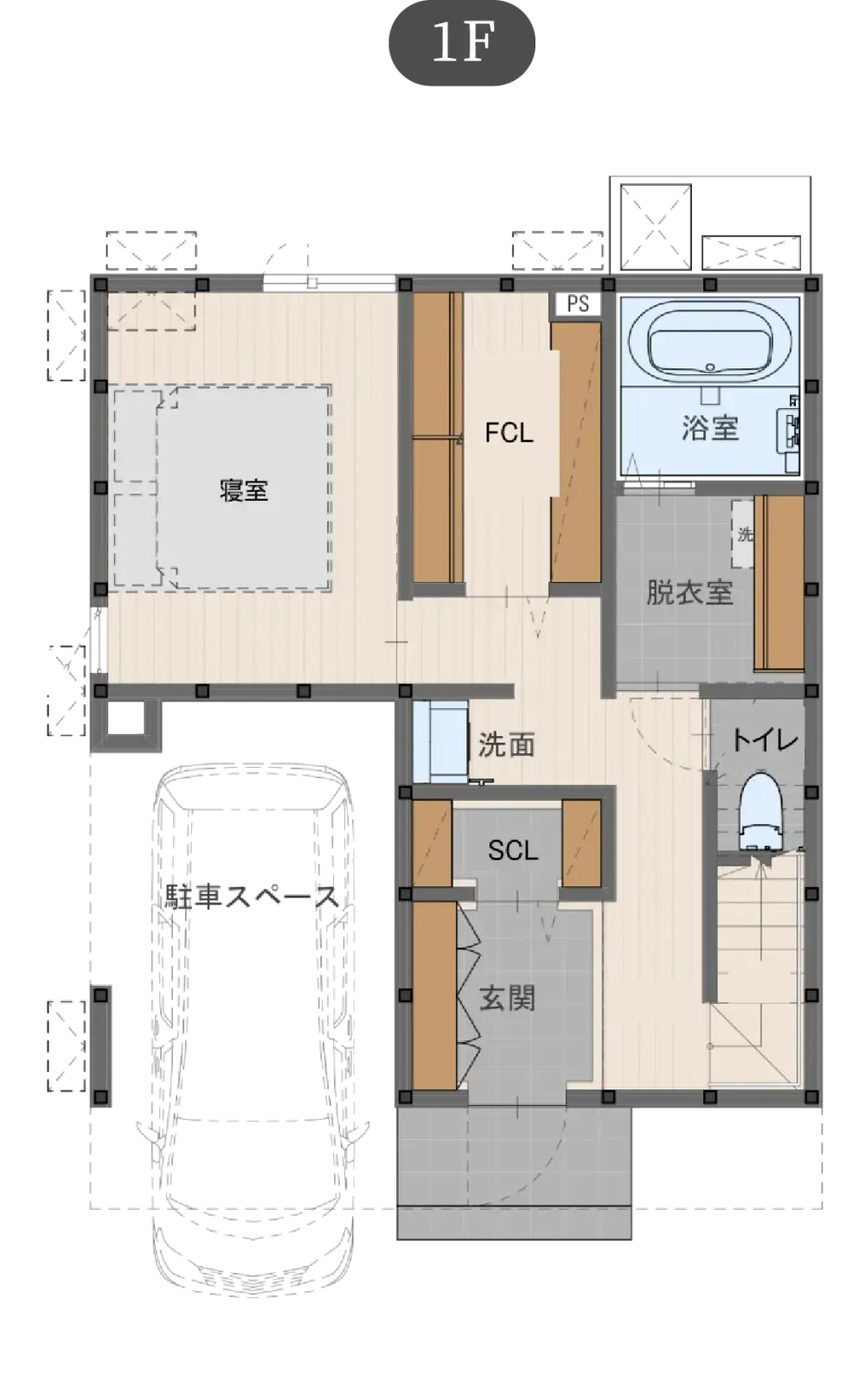 自由な箱の家 狭小地プランの間取り図（1）