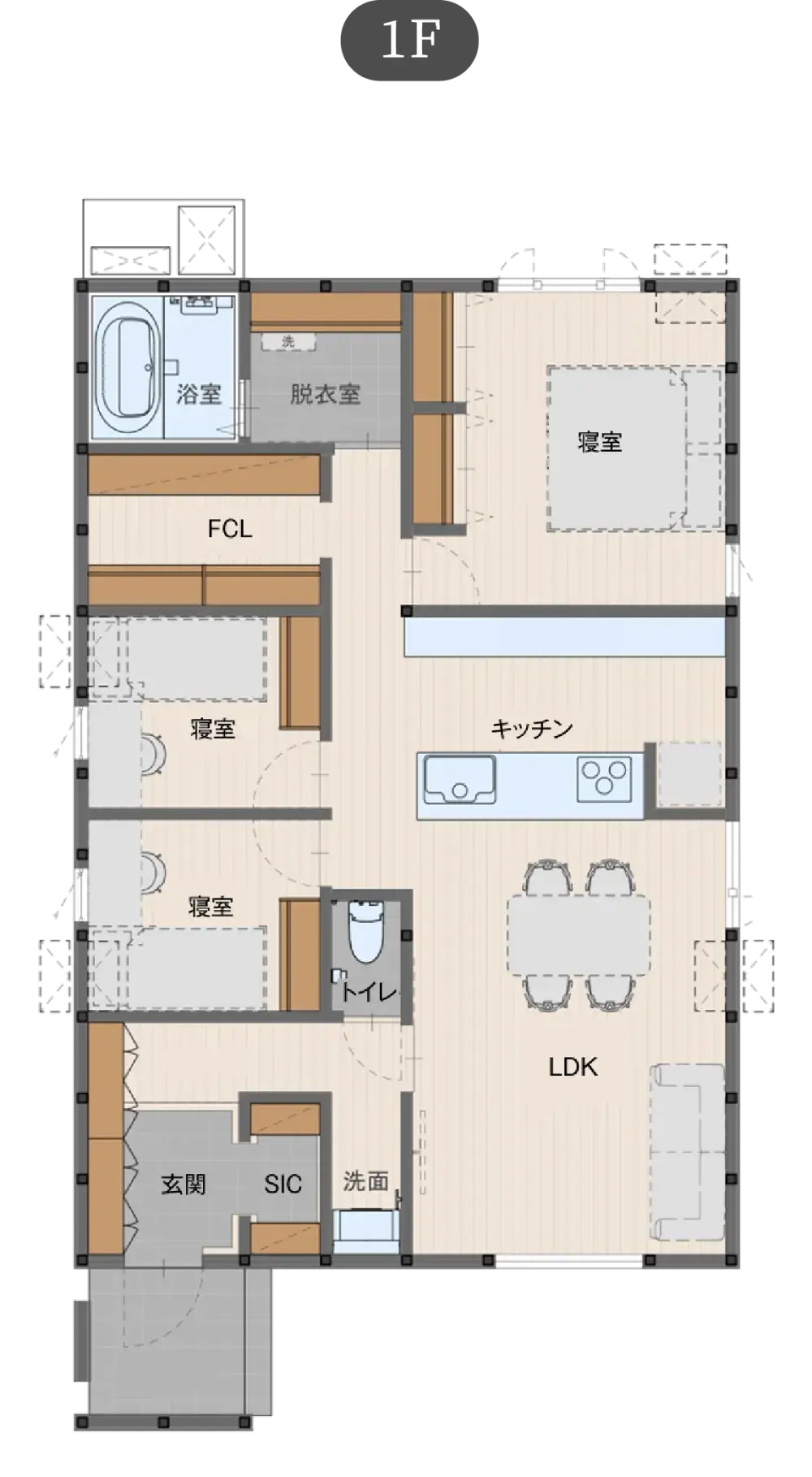 自然素材の家 平屋プランの間取り図