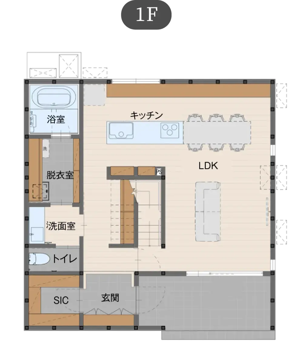 自然素材の家 狭小地プランの間取り図（1）