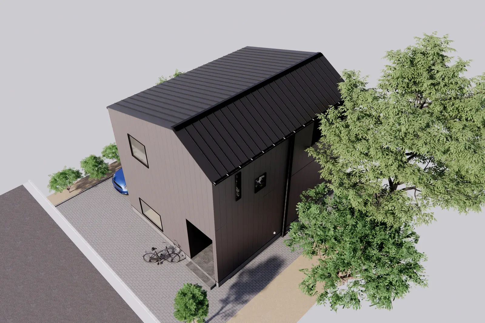 黒い切妻屋根の家と自転車を上空から見た外観(CGパース)