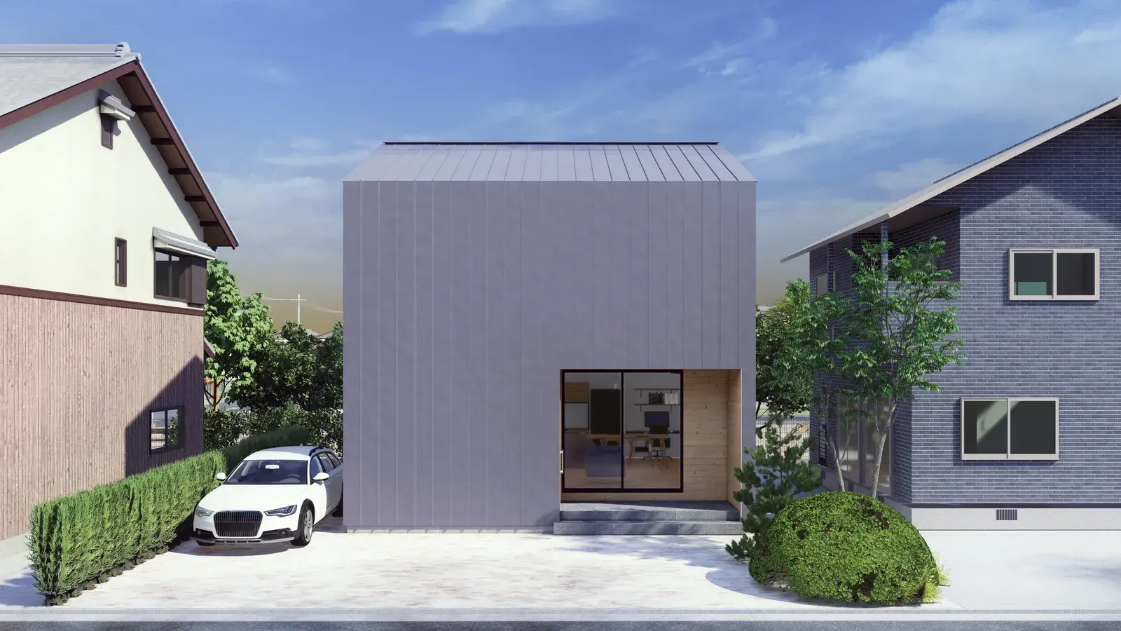 灰紫色の外壁の箱型の2階建てと車の外観(CGパース)