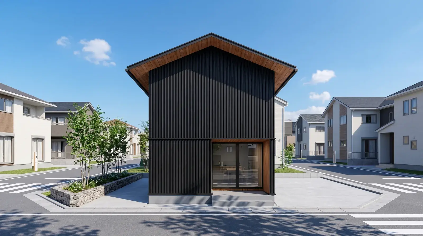 街並みの中に建つ、木の軒の黒い縦張りの切妻の家の外観(CGパース)