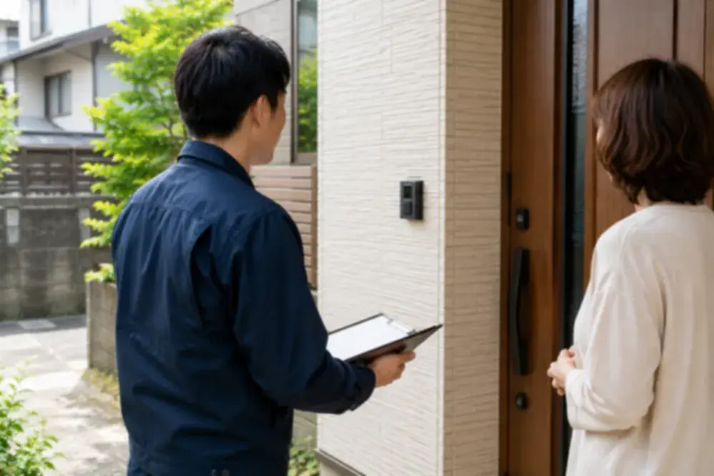 スタッフがOBのお客様と玄関先で話している様子