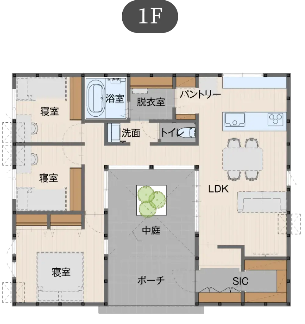 中庭のある家 平屋プランの間取り図
