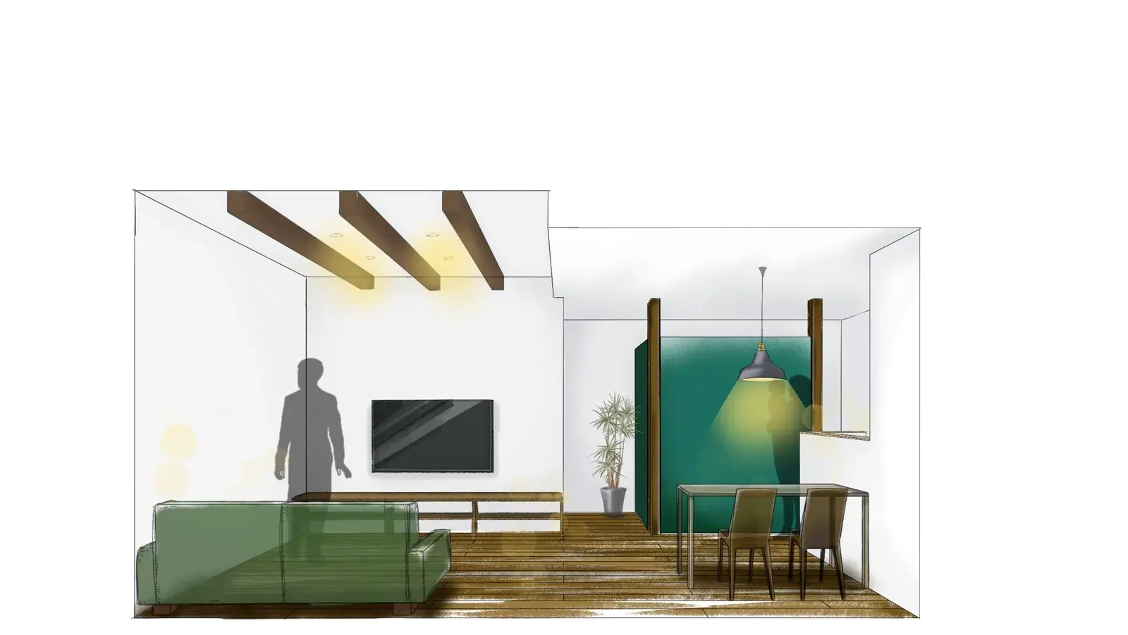 平屋28坪LDKの設計パース(カフェ)